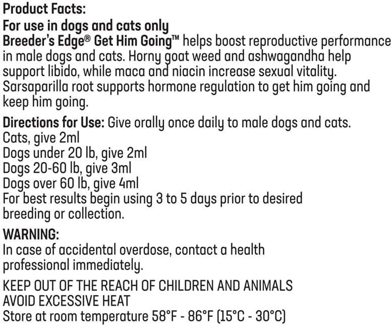 Breeder’s Edge Get Him Going, Reproductive Performance Supplement for Male Dogs and Cats, Supports Libido, Energy, Hormone Balance and Fertility, Horny Goat Weed, Maca, Ashwagandha, Made in USA, 30 ml
