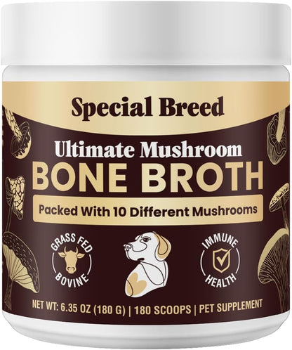 Beef Bone Broth for Dogs - Dog Bone Broth Powder with Ten Organic Mushrooms - High Protein + Ten Mushroom Supplement for Joint Flexibility, Immune Support, Cognition, Vitality, Hydration - 180 Scoops
