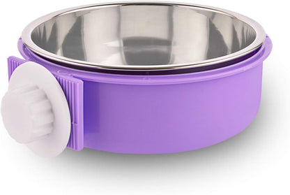 Crate Dog Bowl Removable Stainless Steel Water Food Feeder Bowls Cage Coop Cup for Cat Puppy Bird Pets (Large, Purple)