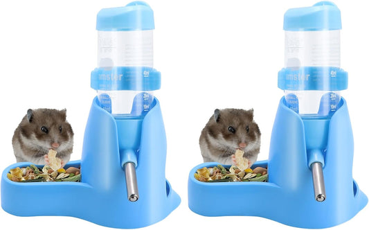 Wontee 3 in 1 Hamster Water Bottle Small Pet Automatic Water Dispenser with Food Container Base Hideout for Dwarf Hamster Mice Gerbils, 2 Pack (Blue, 80ML)