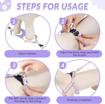 SlowTon No Pull Dog Harness with Leash - Soft Lightweight Floral Pattern Puppy Harness, Adjustable Pet Harness for Small Medium Dogs Doggie (Purple S)