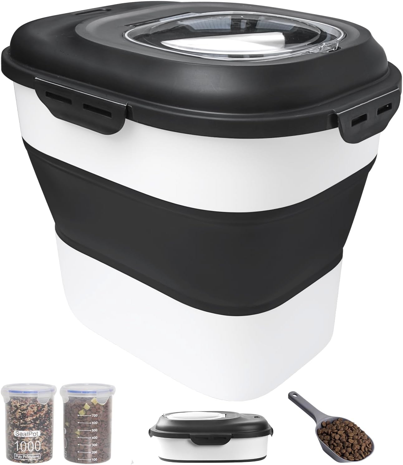 30-35 Lbs Dog Food Storage Container Collapsible Dog Food Container with Airtight Lids, Wheels, Scoop and 2pcs Food Storage Containers, Large Pet food storage for Dog, Cat (Black)