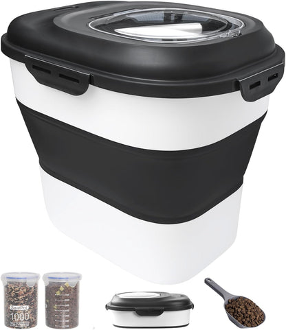 30-35 Lbs Dog Food Storage Container Collapsible Dog Food Container with Airtight Lids, Wheels, Scoop and 2pcs Food Storage Containers, Large Pet food storage for Dog, Cat (Black)
