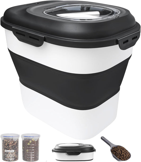 30-35 Lbs Dog Food Storage Container Collapsible Dog Food Container with Airtight Lids, Wheels, Scoop and 2pcs Food Storage Containers, Large Pet food storage for Dog, Cat (Black)