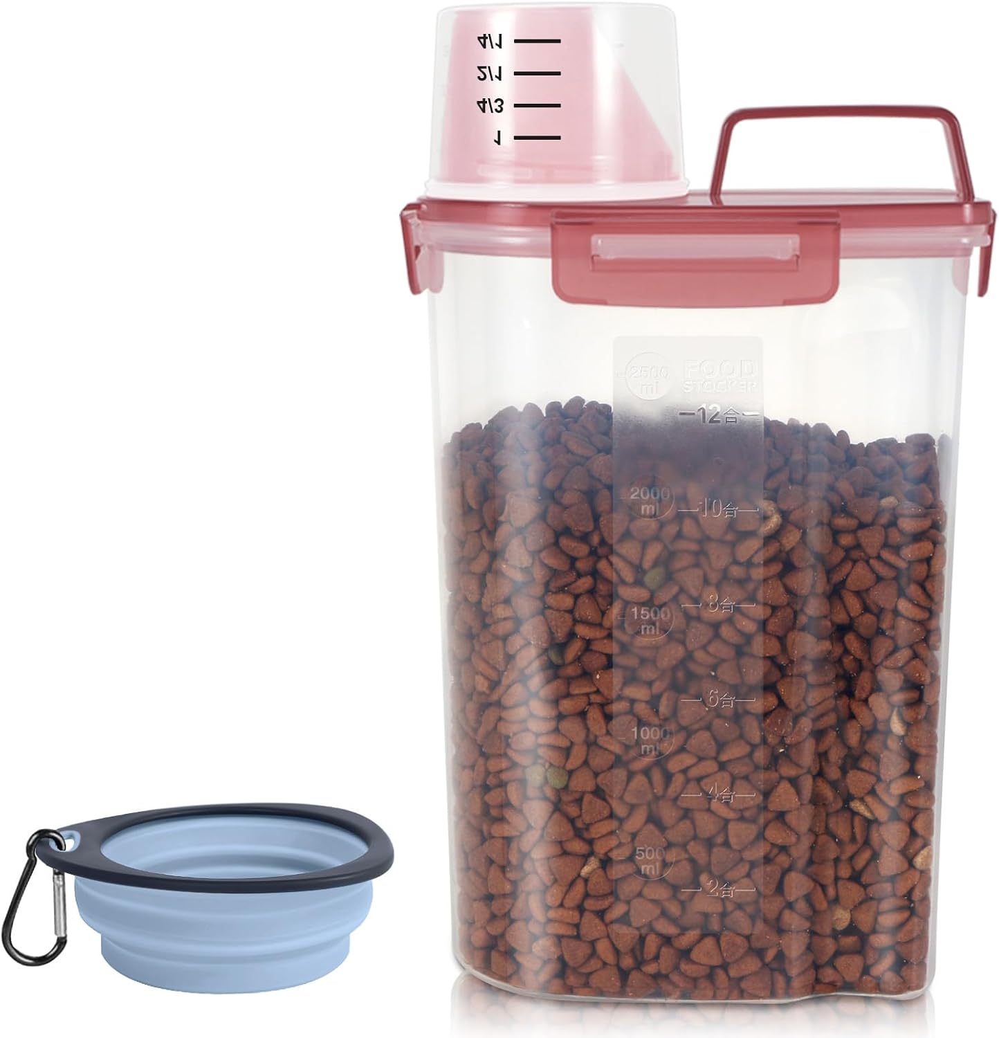 3-5Lbs Small Cat Dog Food Storage Containers BPA Free, Airtight Pet Food Storage Containers with Large Pour Spout/1 Measuring Cup/ 4 Safety Locks and double-layer silicone strip (Clear PInk&1)