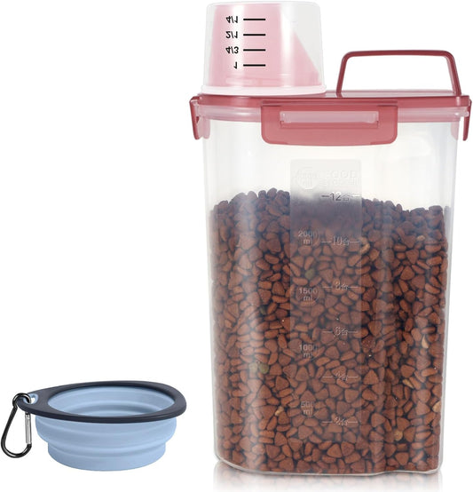 3-5Lbs Small Cat Dog Food Storage Containers BPA Free, Airtight Pet Food Storage Containers with Large Pour Spout/1 Measuring Cup/ 4 Safety Locks and double-layer silicone strip (Clear PInk&1)