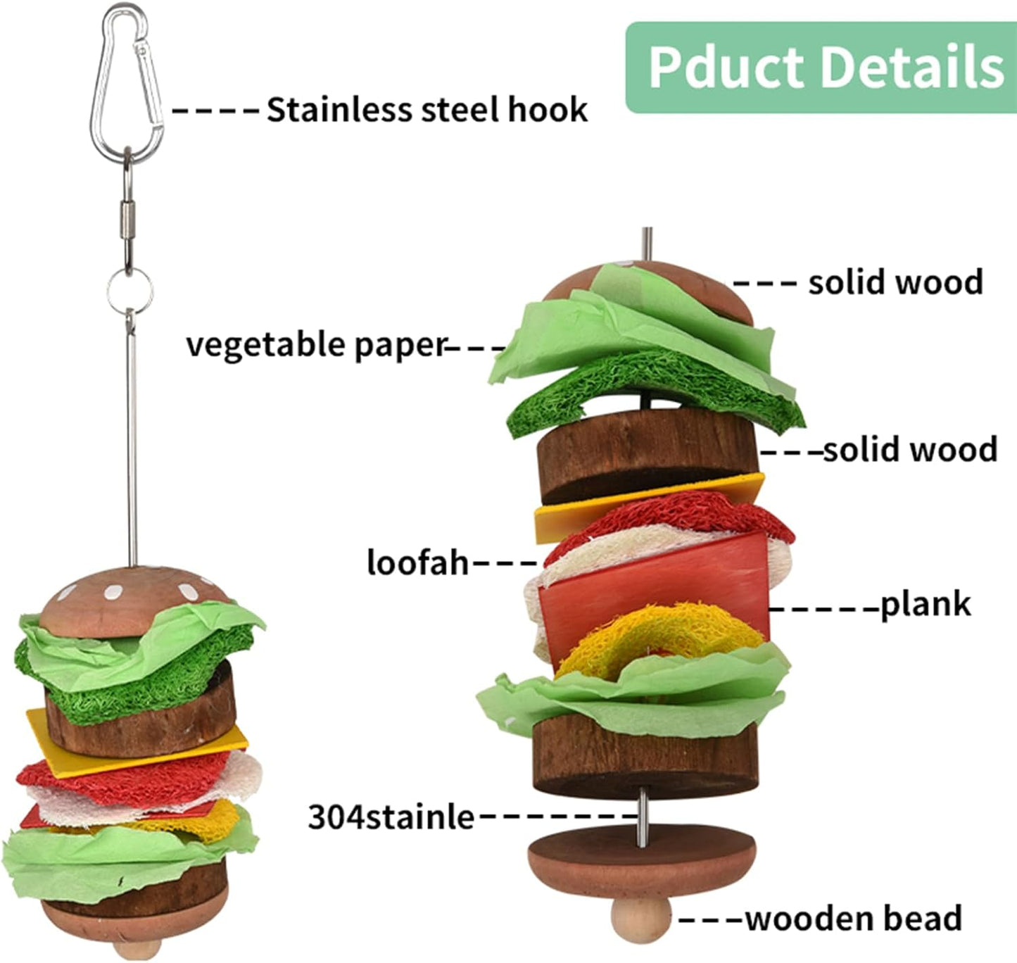 Bird Toys & Bird Perch, Bird Wooden Block Chewing Toy Parrot Foraging & Puzzle Toys Bird Cage Accessories for Conures Parakeets Cockatiels Lovebirds African Grey Macaws (Burger FruitFork)