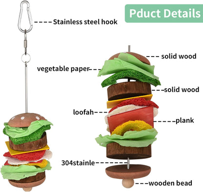 Bird Toys & Bird Perch, Bird Wooden Block Chewing Toy Parrot Foraging & Puzzle Toys Bird Cage Accessories for Conures Parakeets Cockatiels Lovebirds African Grey Macaws (Burger FruitFork)