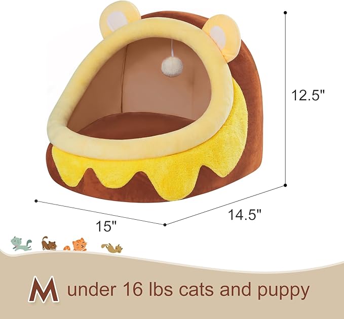 Jiupety Cute Cat Bed for Indoor Cats, Warm Soft Cave Fit for Cat Up to 16 Lb and Puppy, Honeypot, M