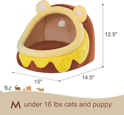 Jiupety Cute Cat Bed for Indoor Cats, Warm Soft Cave Fit for Cat Up to 16 Lb and Puppy, Honeypot, M