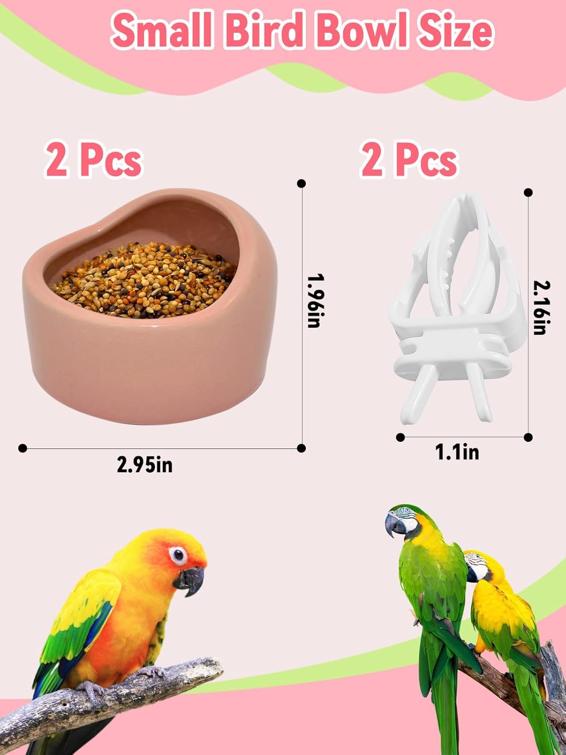 2 Pcs Bird Food Bowl Small Ceramic Bowls for Birds Parakeet Food Bowl Parrot Feeding Cups, Bird Cage Feeder with 2 Plastic Feeding Clips for Parakeets Conure Cockatiels Lovebird Budgie (Pink)
