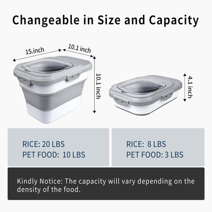 Rice Storage Container, Collapsible Airtight Food Storage Containers 6-20 Lbs, Rice Dispenser with Measuring Cup and Small Bin for Flour Cereal Pasta Grain, Cat Pet Dog Bird Food Container
