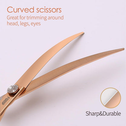 Rose Gold Titanium Curved Dog Grooming Scissors Reverse 7'' Downward 30° with Jewelled Screw Japan 440C Professional Pet Grooming Trimming Shears for Dogs Suzhi Teddy(7,Curved)