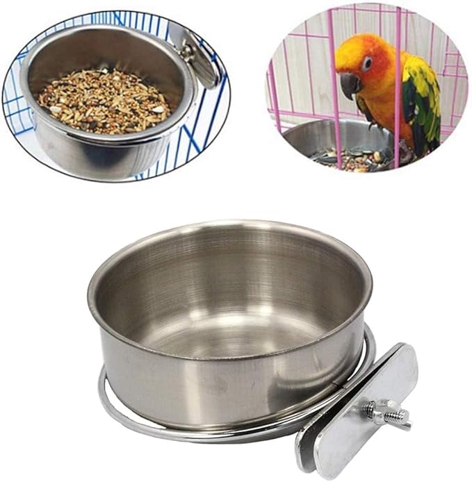 PINVNBY 2PCS Parrot Feeding Cups Birds Food Dish Stainless Steel Parrot Feeders Water Cage Bowls with Clamp Holder for Cockatiel Conure Parakeet Parrot Macaw Small Animal (Size: M)