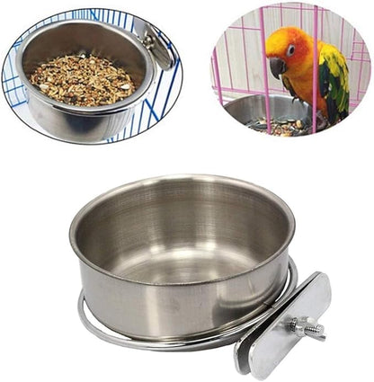 PINVNBY 2PCS Parrot Feeding Cups Birds Food Dish Stainless Steel Parrot Feeders Water Cage Bowls with Clamp Holder for Cockatiel Conure Parakeet Parrot Macaw Small Animal (Size: M)