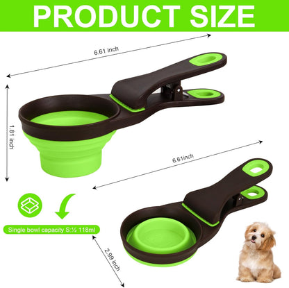 Collapsible Silicone Dog Food Scoop Foldable Pet Food Measuring Cup with Bag Clip 3 in 1 Multi-Function Silicone Dog Food Scooper (Green, Small)