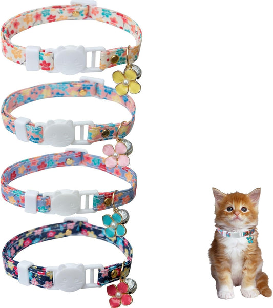 4 Pack Cotton Breakaway Cat Collars with Bell, Safety Adjustable Cat Collars Set,Ideal for Girl Cats Boy Cats (Cute Floral)