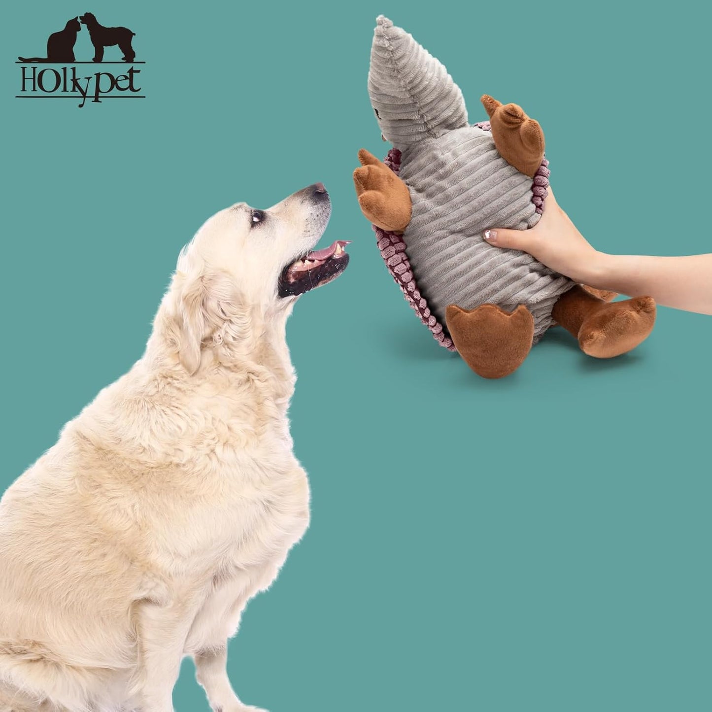 Hollypet Plush Dog Squeaky Toy Stuffed Armadillo Animal Pet Puppy Chew Toys with Clean Teeth for Small Medium Large All Breed Sizes Dogs, Pink, 14 in