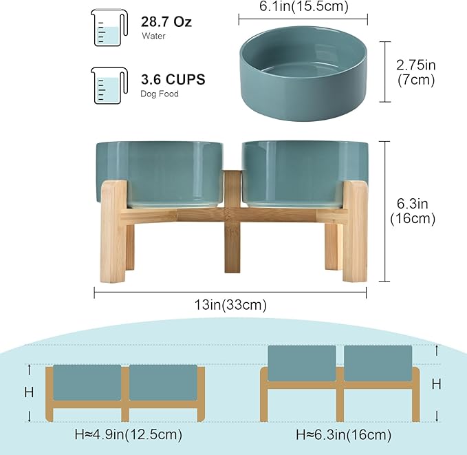 SPUNKYJUNKY Elevated Dog Bowls Ceramic, 6.1'' Dogs and Cat Food Water Bowls Raised with Non-Slip Bamboo Stand for Medium Sized Breed Microwave Dishwasher Safe - 28.7 OZ,Dark Green