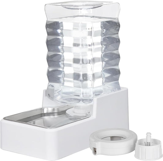 Sfozstra Dog Water Bowl Dispenser: 8L Lagre Automatic Gravity White Upgraded Pet Water Dispenser - Stainless Steel Bowl - BPA-Free - Two Caps and Filters for Multiple Pets