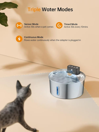 Wireless Cat Water Fountain, Stainless Steel Cordless Cat Fountain, 108OZ/3.2L Automatic Pet Water Fountain, 4000mAh Battery Operated Water Dispenser with Motion Sensor for Cats, Dogs Indoor Drinking
