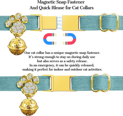 Personalized Breakaway Cat Collars - Magnetic Buckle, Bell - Safety Quick Release, Customized for Girls & Boys Cats- (Velvet-Lake Blue)