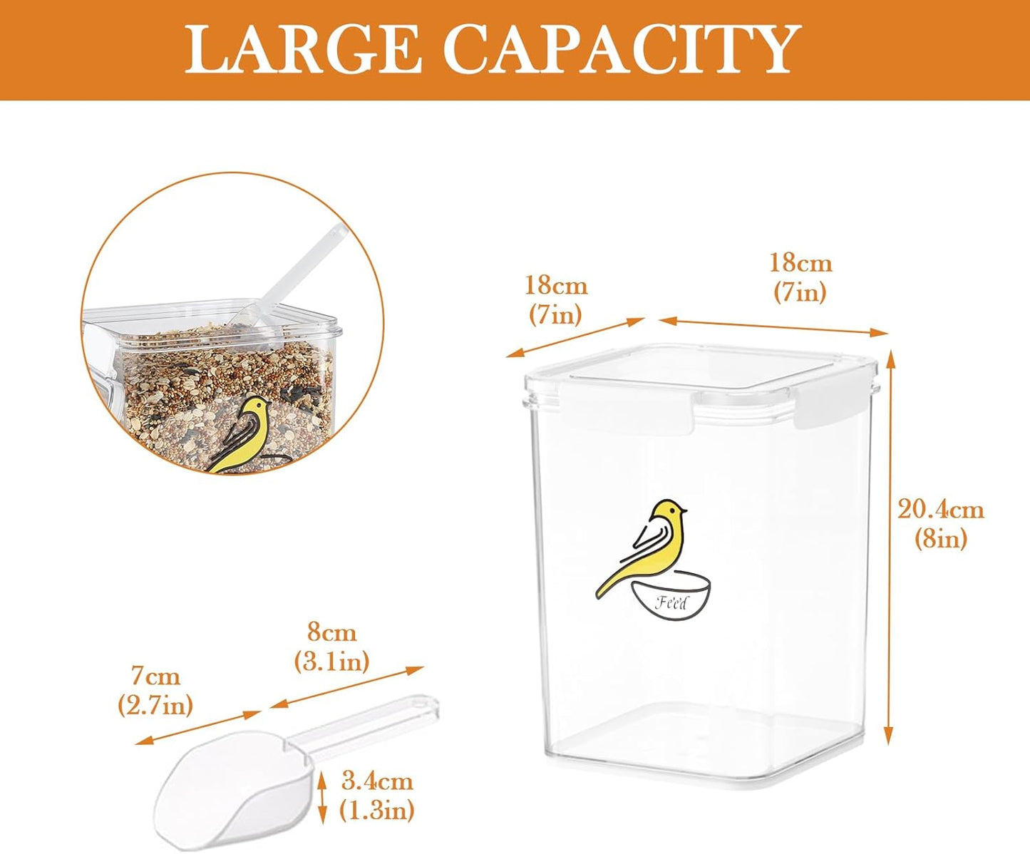 Bird Seed Storage Container-Airtight Bird Food Container-5-6lb/4.2 l Pet Food Storage Containers with Bird Seed Scoop-Wild Bird Seed Dispenser-forPetBirds Parakeets Finches Food MealwormsStorage/Clear