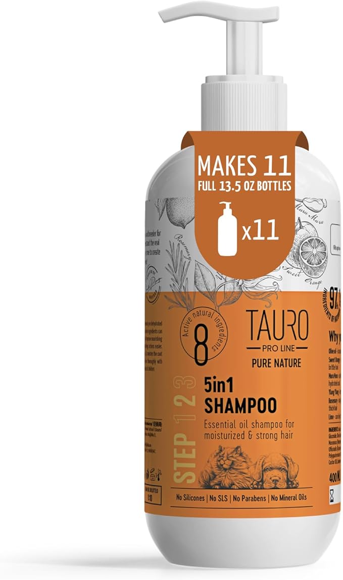 Tauro Pro Line 5in1 Moisturizing, Deodorizing, Deshedding Dog Shampoo for Smelly Dogs, Hypoallergenic, Safe Puppy Shampoo for Daily Care (13.5 Fl Oz)