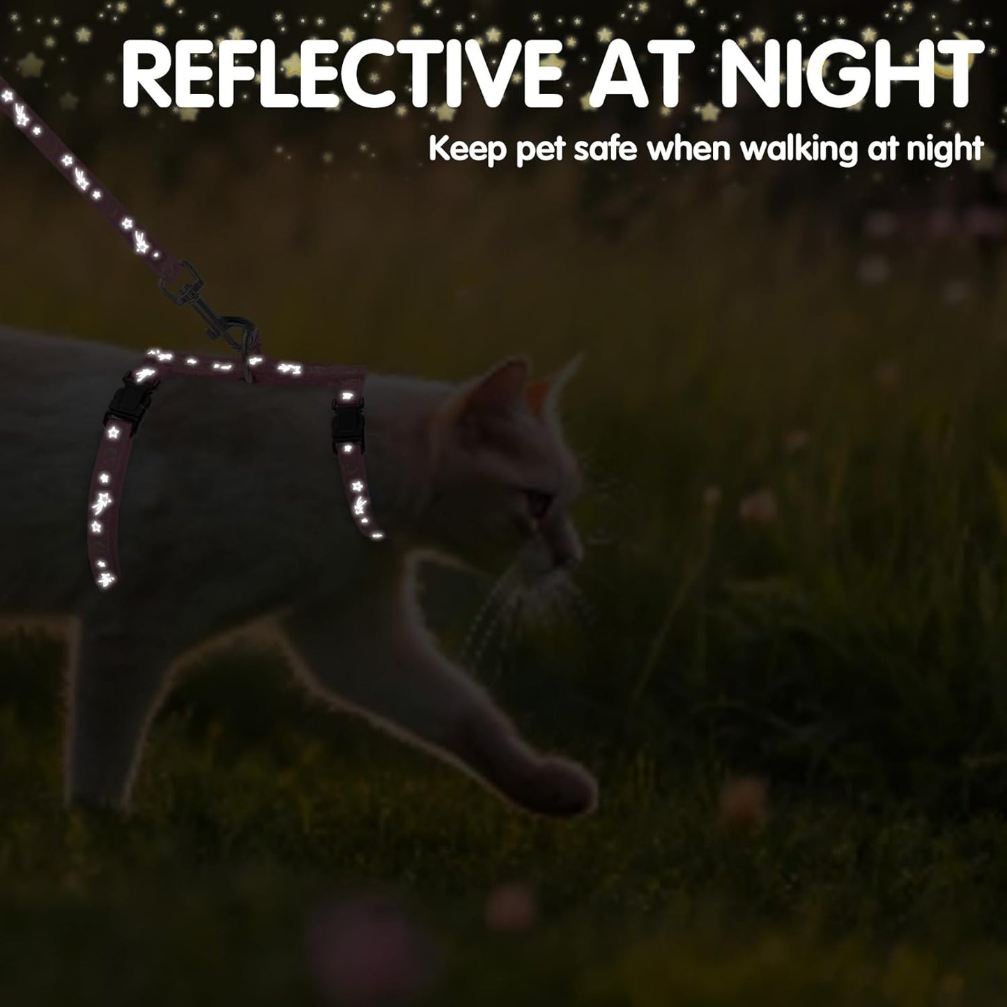 PAWCHIE Cat Harness with Leash and Collar Set - Escape Proof Adjustable H-shped Cat Harness with Star and Moon Pattern Glow in The Dark for Kitty Outdoor Walking