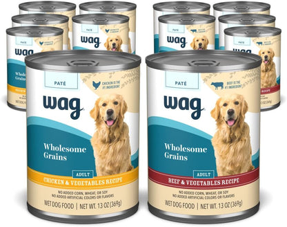 Amazon Brand - Wag Wholesome Grains Canned Wet Dog Food, Variety Pack (Chicken & Vegetables Paté and Beef & Vegetables Paté), Adult Recipe, 13 Ounce (Pack of 12)