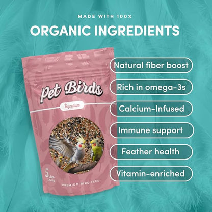 Mycelium Pet Bird Superfood | Organic, Non-GMO Bird Food for Cockatiels, Parakeets, Conures, and Lovebirds | High-Nutrition Blend with Vitamins, Whole Eggs, Safflower, and Whole Hemp Seed, 5 lbs