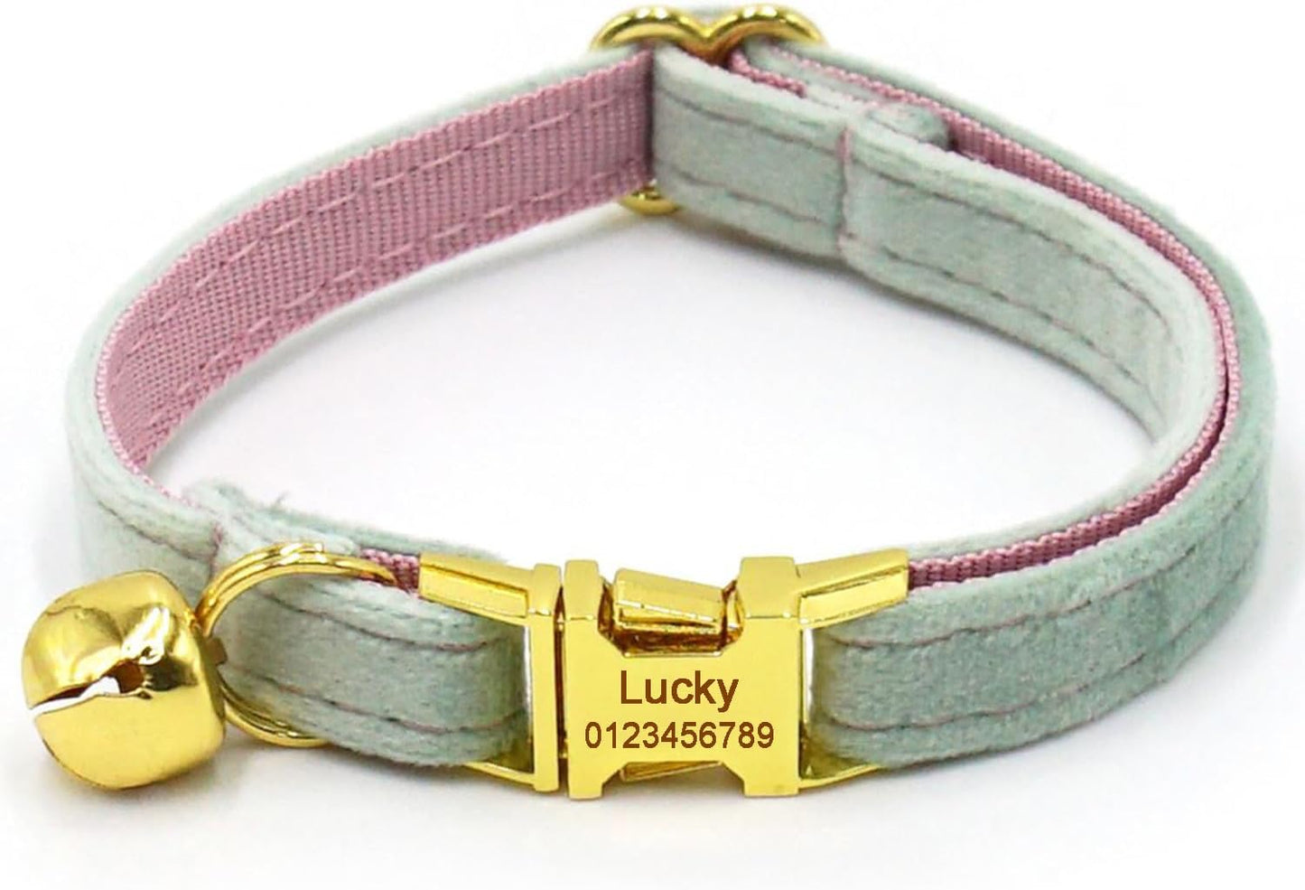 Personalized Cat Collar with Bells,Velvet Customized Small Cat Collar with Name Tag,Pet Collar with Name Phone Number Engraved ID Tags for Boy and Girl Kitten Cats (Mint Powder)