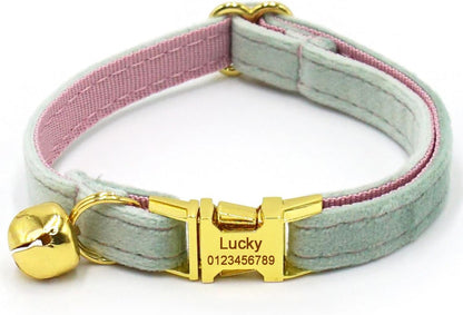 Personalized Cat Collar with Bells,Velvet Customized Small Cat Collar with Name Tag,Pet Collar with Name Phone Number Engraved ID Tags for Boy and Girl Kitten Cats (Mint Powder)