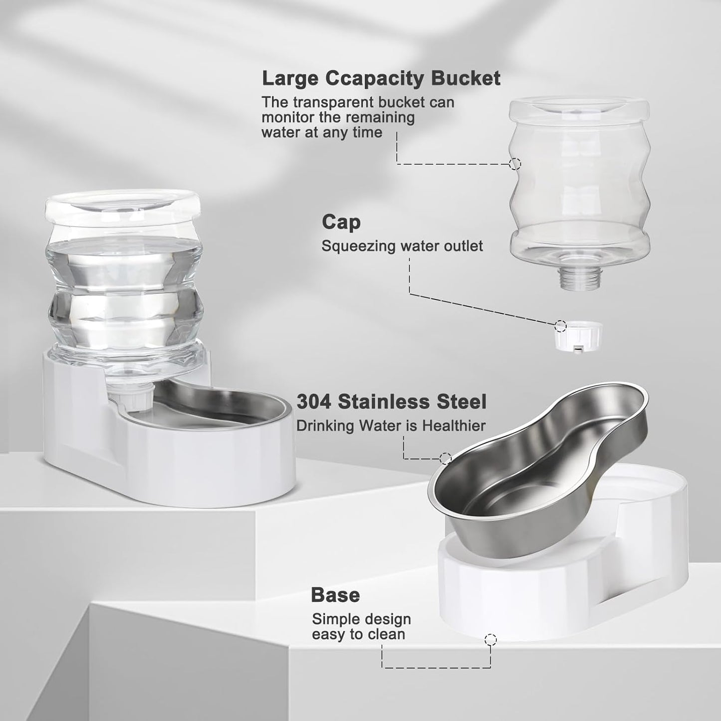 RIZZARI Gravity Water Bowl Dispenser for Cats: 4L White Automatic Stainless Steel Dog Feeder Without Filter - for 8-20LB Elderly Pets with Joint Spine Pain - for Kitchen Bedroom