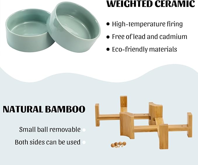 SPUNKYJUNKY 15° Slanted Ceramic Dog and Cat Bowl with Wooden Stand, Tilted Bulldog Food and Water Bowl No Slip Non-Spill for Cats Medium Dogs Big Face Pets 28.7 OZ (3.6 Cups, Morandi Green × 2)