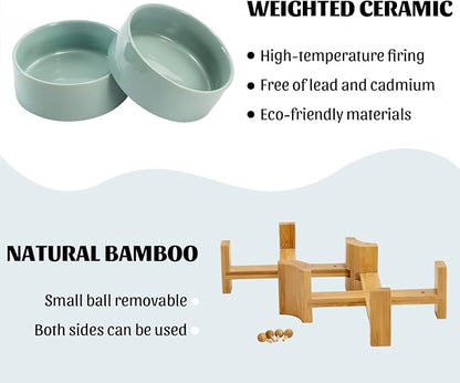 SPUNKYJUNKY 15° Slanted Ceramic Dog and Cat Bowl with Wooden Stand, Tilted Bulldog Food and Water Bowl No Slip Non-Spill for Cats Medium Dogs Big Face Pets 28.7 OZ (3.6 Cups, Morandi Green × 2)