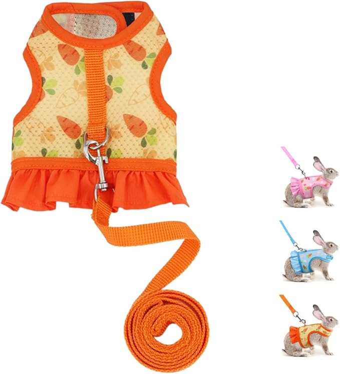 Bunny Harness and Leash,Proof Walking Escape Cute Floral Mesh Vest Breathable Rabbit Clothes for Bunnies, Hiking, Training for Ferret Kitten Puppy Small Pet Harness Orange M