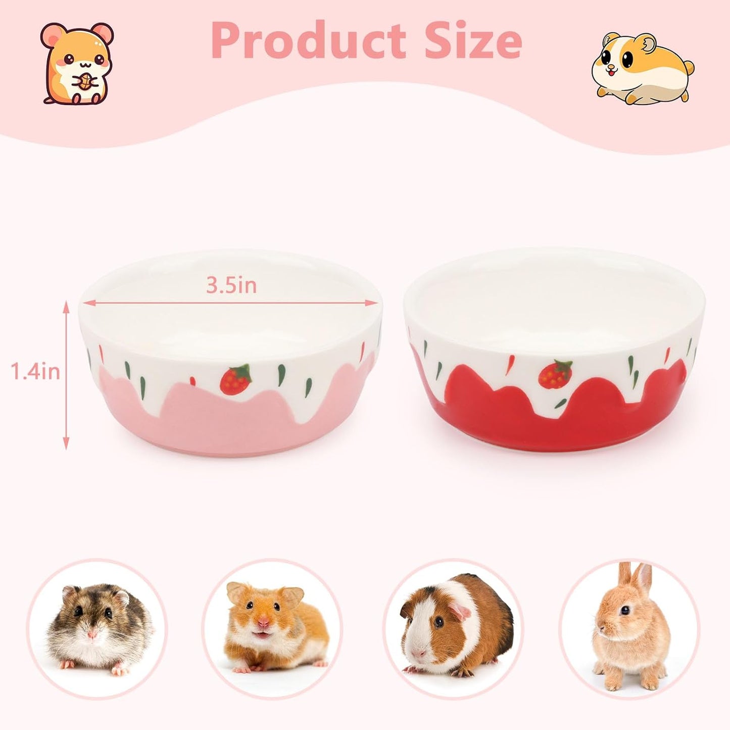 Wontee Hamster Food Bowl 2 Pack Ceramic Food Water Bowl Anti-Tipping for Dwarf Hamsters Gerbil Mice Hedgehog Guinea Pig (Red+Pink)