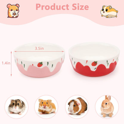 Wontee Hamster Food Bowl 2 Pack Ceramic Food Water Bowl Anti-Tipping for Dwarf Hamsters Gerbil Mice Hedgehog Guinea Pig (Red+Pink)