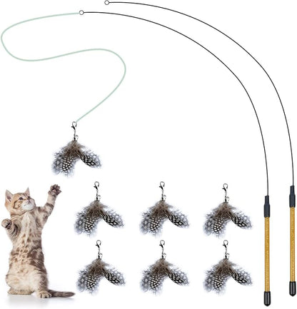 Cat Feather Toys, Interactive Cat Toys Kitten Toys, 2PCS Elasticity Cat Wand Toy and 7PCS Feathers Refills, Cat Toys for Indoor Cats Kitten Play Chase