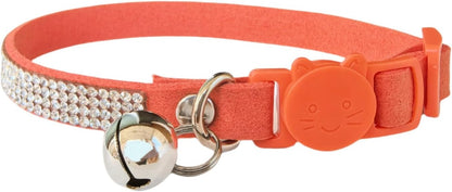 Rhinestone Cat Collar Breakaway Safety Buckle with Bell, Adjustable Diamond Girl Boy Kitty Cute Comfy Collar for Kitten Small Pets Rabbits, 7.5"-11" Orange
