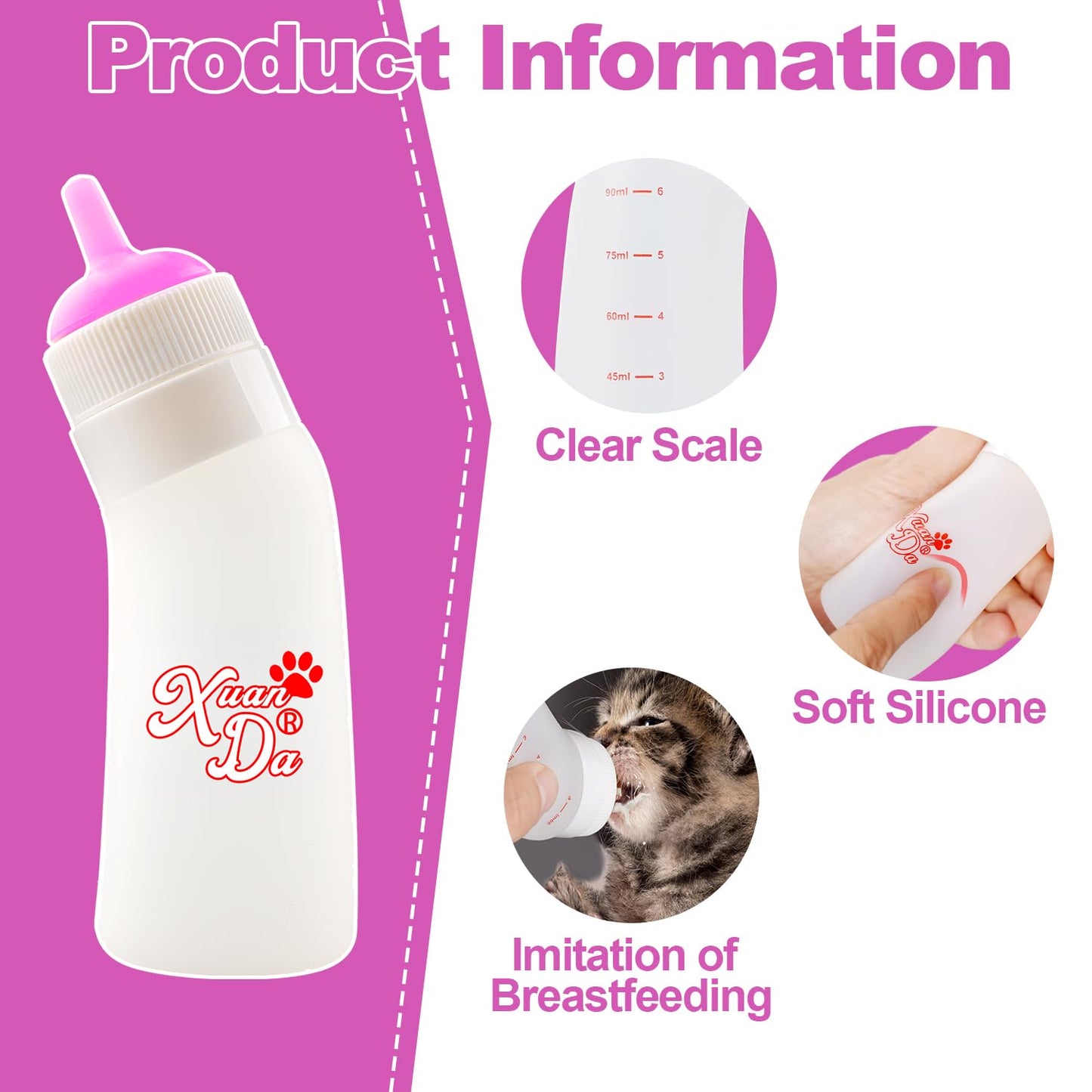 Pet Feeding Nipple with Syringe, Soft Silicone Nursing Pet Feeding Bottle, Ventilation Valve Resistant Tearing for Puppies, Kittens, Rabbit, Small Wildlife (L Nipple,Pink)