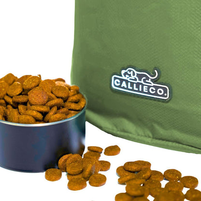 Callieco Dog Food Travel Bag w/ 1 Cup Scoop and Zipper Side Pocket | Waterproof Kibble Storage Container for Home, Road Trips, Camping, Boarding and More (Green, 64 Cups)