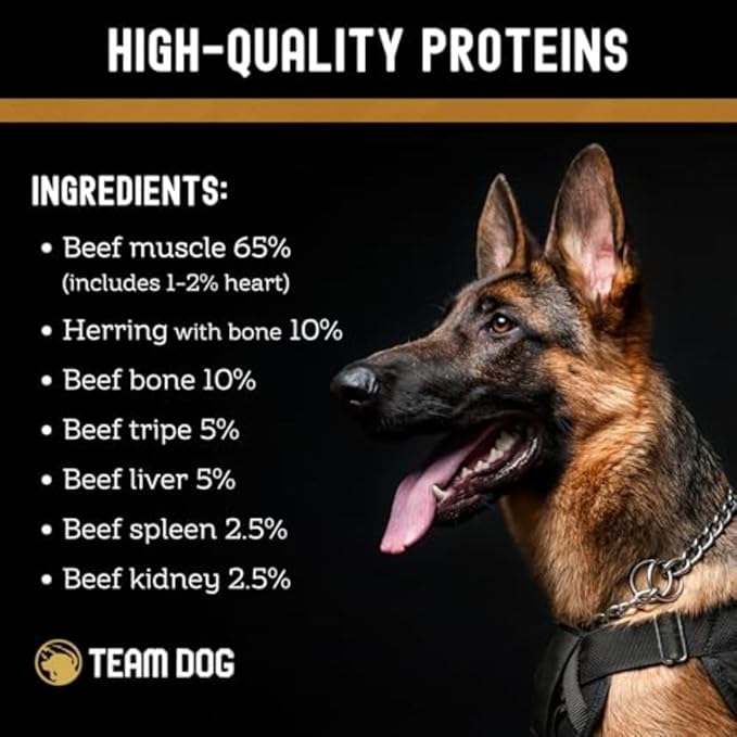 Team Dog Raw Frozen Dog Food | 65% Beef Muscle, Organ Meats, Herring & Green Tripe for Dogs | All Natural Grain Free Dog Food for Optimal Health, Digestion & Coat | 16 x 1lb Rolls