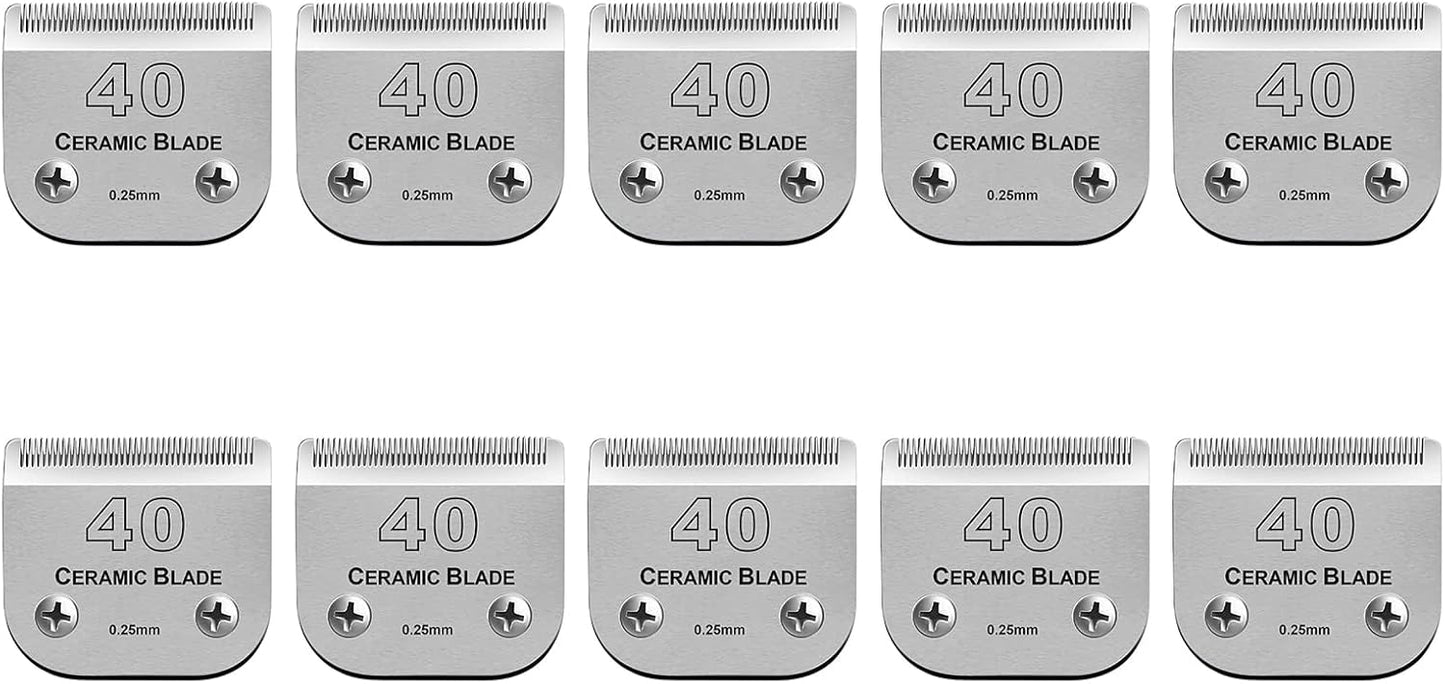10 Pcs Detachable Pet Dog Grooming Clipper Ceramic Blade Sets,Compatible with Andis Size 40 1/100"(0.25mm),Compatible with andis/Oster A5,Wahl KM10 Series Clippers