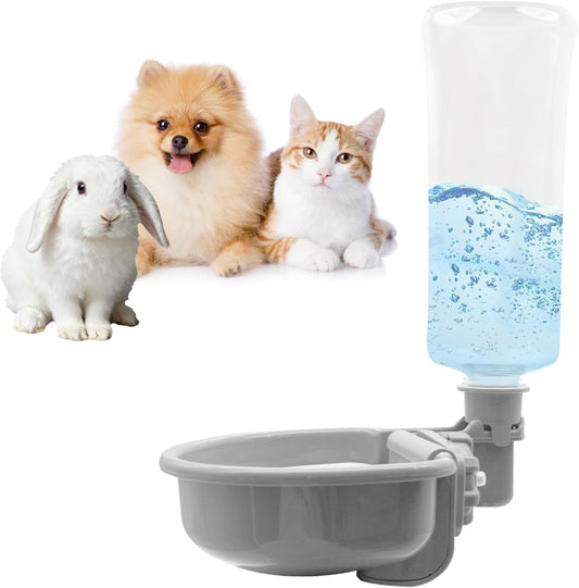 VANNON 23oz Pet Water Bottle, Gravity Dog Water Bowl Dispenser for Cage, Anti-Overflow Water Dispenser for Small Dogs, Cats, Rabbits and Other Small Animals, BPA Free, Grey