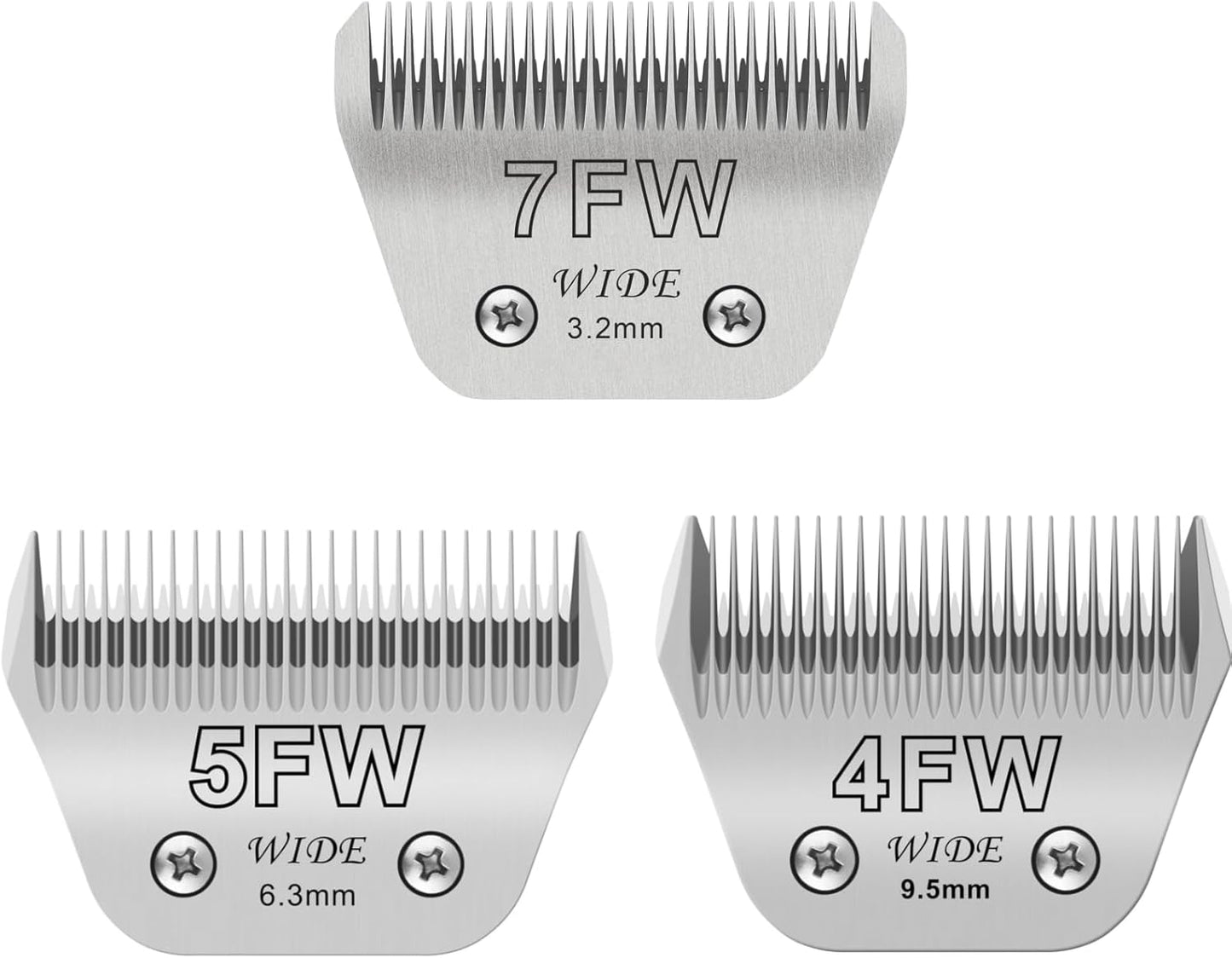 7FW+5FW+4FW Wide Blades for Dog Grooming, Compatible with Ainds, Oster A5, Wahl Km10 and Other Series Clippers, Cut Length 1/8"(3.2mm) to 3/8" (9.5mm), Fit for Larger Animals
