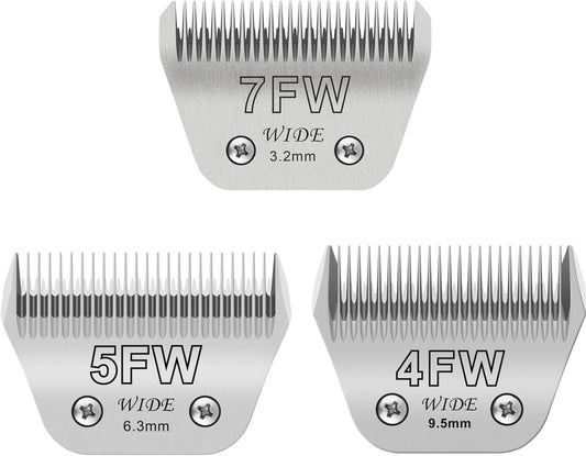 7FW+5FW+4FW Wide Blades for Dog Grooming, Compatible with Ainds, Oster A5, Wahl Km10 and Other Series Clippers, Cut Length 1/8"(3.2mm) to 3/8" (9.5mm), Fit for Larger Animals