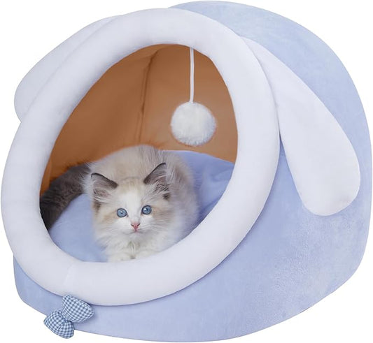 Jiupety Cute Cat Bed for Indoor Cats, Warm Soft Cave Fit for Cat Up to 16 Lb and Puppy, Big Ear, M