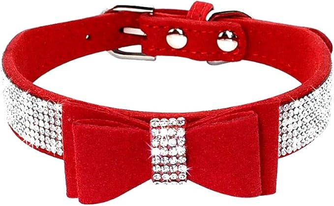 Rhinestone Dog Collar, Cute Dazzling Sparkling Soft Suede Leather Adjustable Pet Dog Cat Collar Crystal Diamond for Puppy Small Medium Large Dogs (M:32-38cm, Red-1)